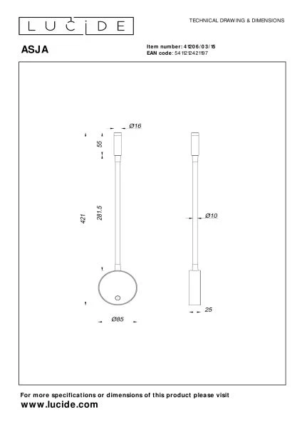 Lucide Premium ASJA - Rechargeable Wall spotlight / Wall light - Battery pack- LED 3 StepDim - 1x3W 2700K - Grey iron - technical